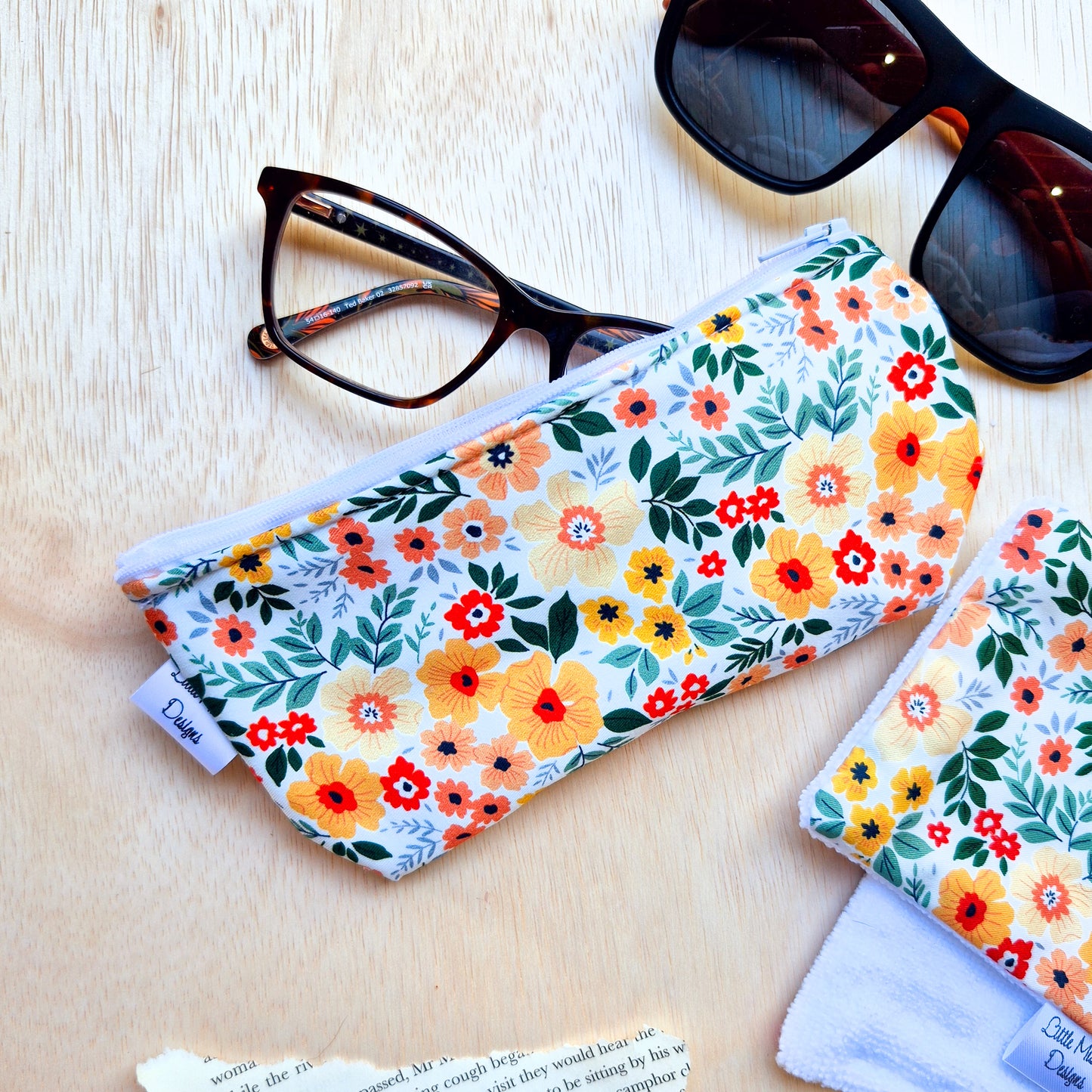 Glasses Case & Cleaner Orange Flowers