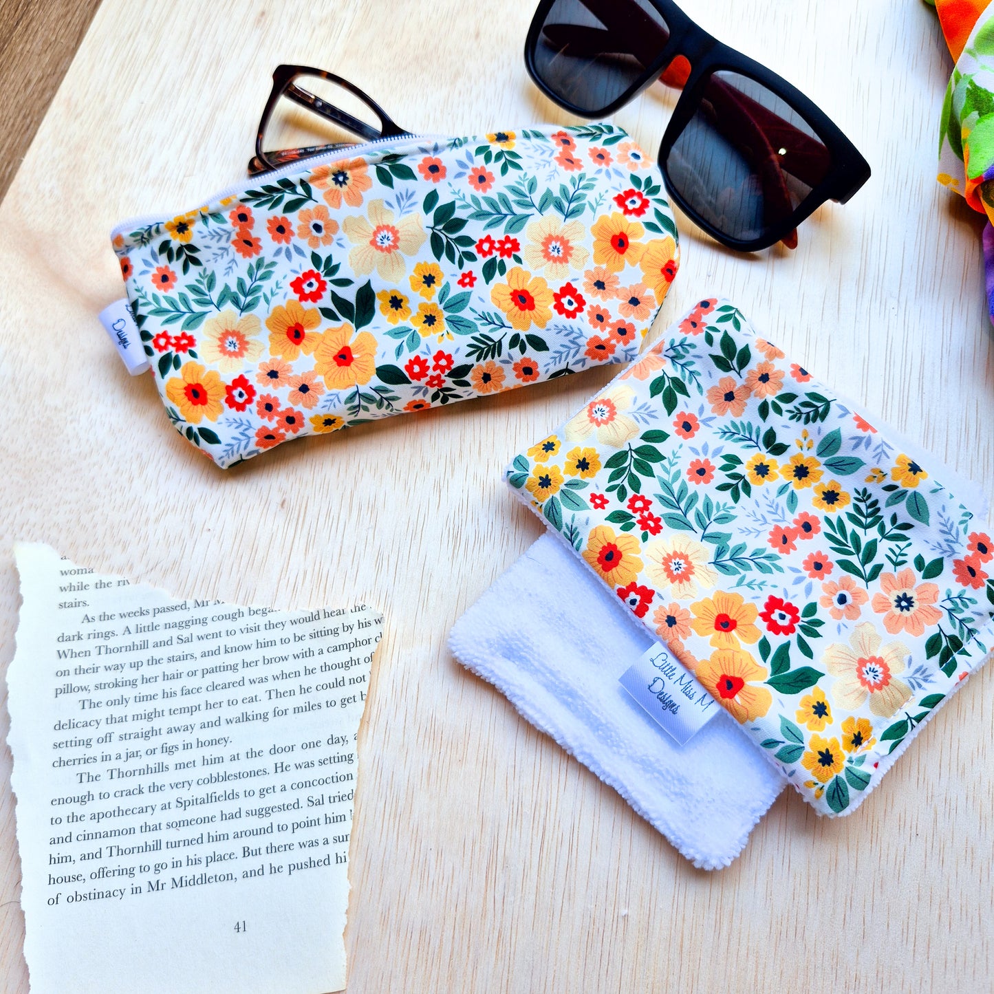 Glasses Case & Cleaner Orange Flowers