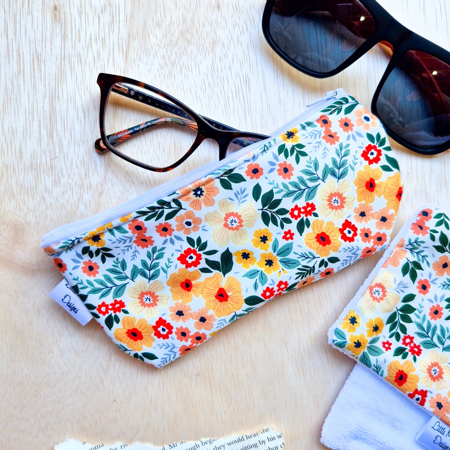 Glasses Case & Cleaner Orange Flowers