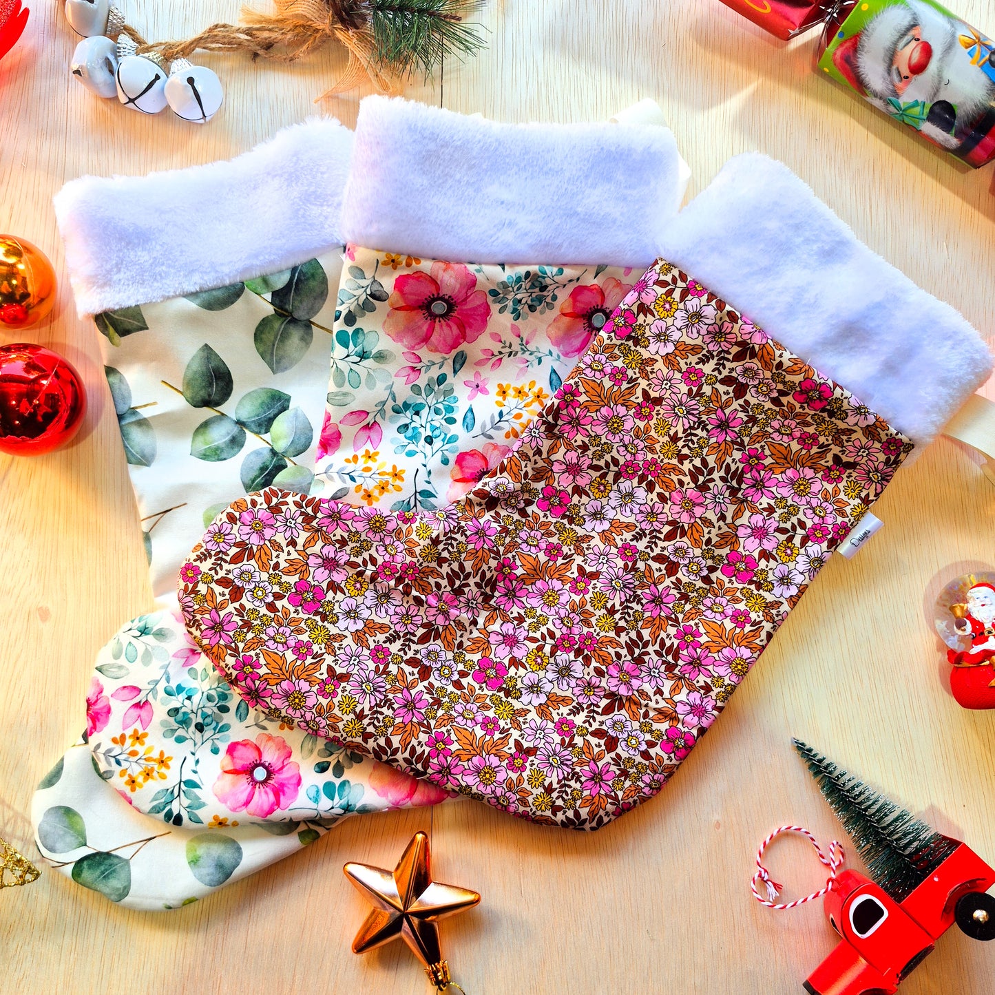 3 Pack Floral Christmas Stocking