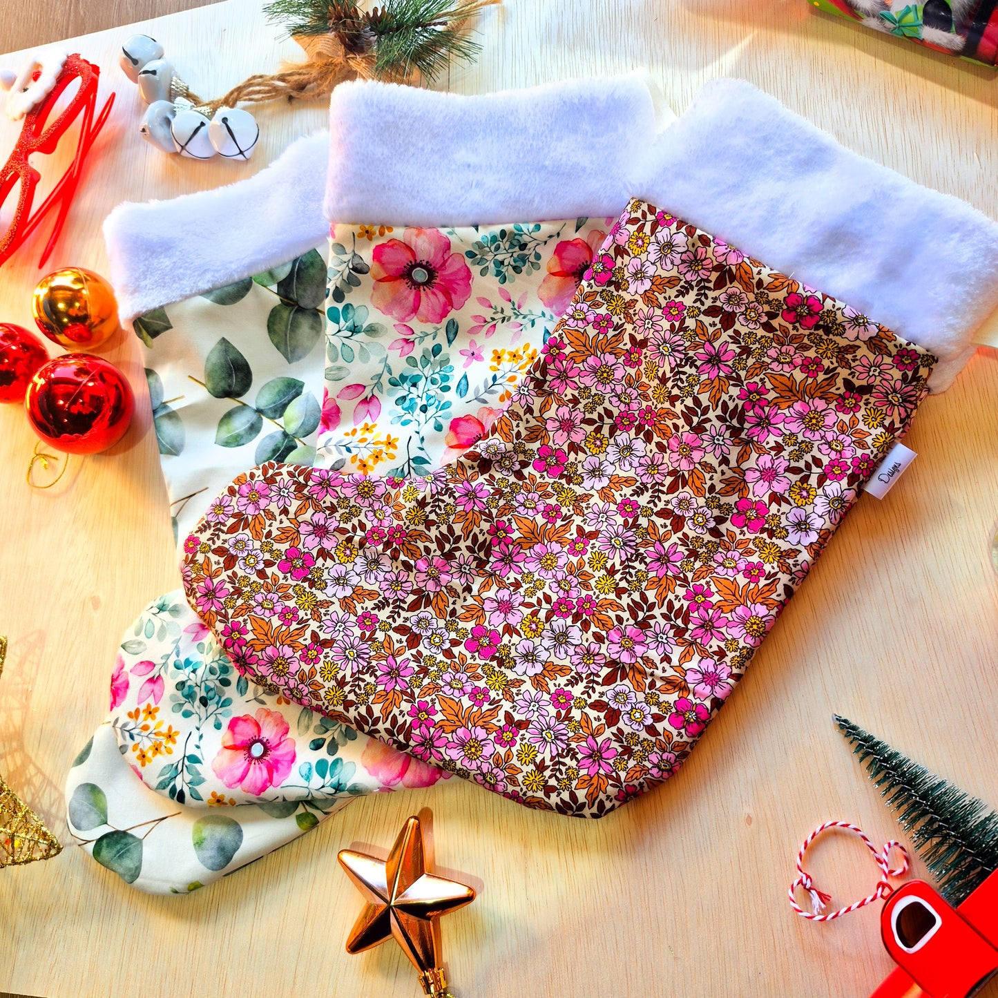 3 Pack Floral Christmas Stocking